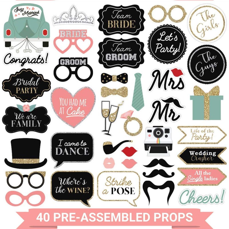 Perfect Occasion Fully Assembled Wedding Photo Booth Props - Set of 40 - Gold, Pink, Teal, & Silver Selfie Signs - Wedding Party Supplies & Decorations - Cute Designs with Real Glitter - Did We Mention No DIY - Image 1